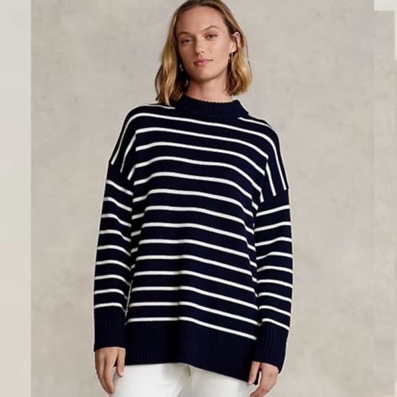 Ralph Lauren Striped Merino Wool Sweater small petite navy and white old money D - Picture 1 of 12